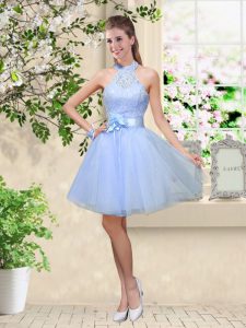 Simple Lace and Belt Quinceanera Court Dresses Lavender Lace Up Sleeveless Knee Length