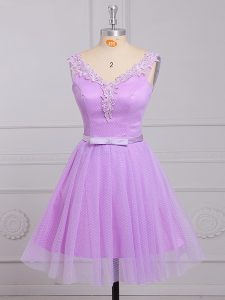 Ideal Lilac V-neck Lace Up Appliques and Belt Bridesmaid Dress Sleeveless