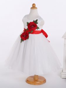 Sleeveless Zipper Knee Length Bowknot and Hand Made Flower Toddler Flower Girl Dress