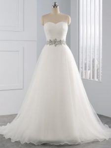 Perfect Sleeveless Brush Train Lace Up Beading Wedding Dress