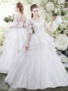 Spectacular White A-line Tulle Scoop Half Sleeves Lace and Ruffles Lace Up Wedding Gowns Brush Train