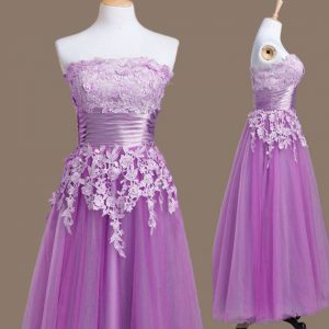 Hot Selling Purple Empire Appliques Bridesmaid Dress Lace Up Tulle Sleeveless Tea Length