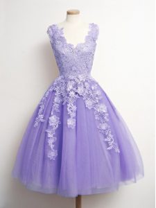 A-line Wedding Party Dress Lavender V-neck Tulle Sleeveless Knee Length Lace Up