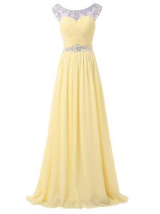 High Class Light Yellow Chiffon Backless Red Carpet Gowns Sleeveless Floor Length Beading and Ruching