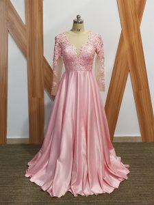 Classical Baby Pink Scoop Neckline Beading and Appliques Mother of Bride Dresses Long Sleeves Backless