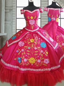 Adorable Sweetheart Short Sleeves Lace Up Quinceanera Gown Hot Pink Taffeta