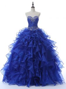Colorful Royal Blue Organza Lace Up Sweetheart Sleeveless Floor Length Sweet 16 Quinceanera Dress Beading and Ruffles