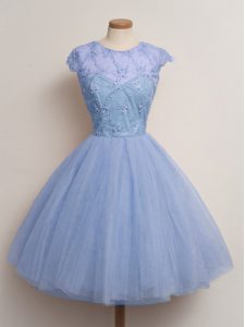 Clearance Ball Gowns Court Dresses for Sweet 16 Blue Scoop Tulle Cap Sleeves Knee Length Lace Up