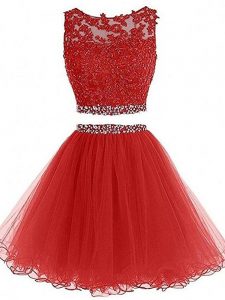 Beautiful Red Two Pieces Tulle Scoop Sleeveless Beading Mini Length Zipper Prom Dresses