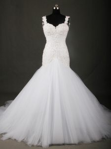 Court Train Mermaid Bridal Gown White Straps Tulle Sleeveless Backless
