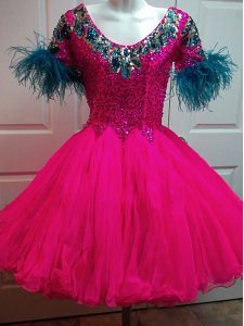 Fuchsia Cocktail Dresses Prom and Party and Military Ball with Beading and Sequins Scoop Short Sleeves Zipper
