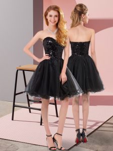 Perfect Black A-line Sweetheart Sleeveless Tulle Mini Length Zipper Sequins Evening Dress