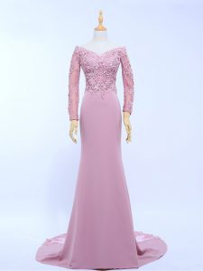 High Quality Long Sleeves Chiffon Brush Train Zipper Mother of Groom Dress in Lilac with Lace and Appliques