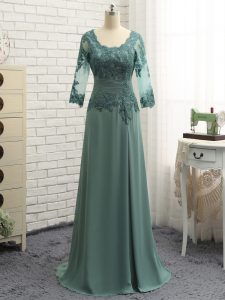 Fantastic Green Column/Sheath Chiffon Scalloped Long Sleeves Beading and Lace and Appliques Floor Length Zipper Mother of Bride Dresses