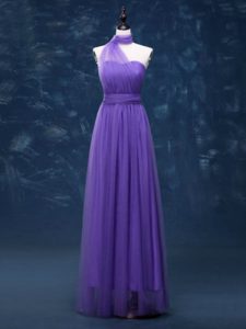 Custom Fit Sleeveless Floor Length Ruching Lace Up Damas Dress with Lavender