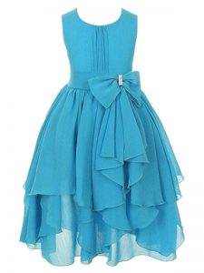Aqua Blue Empire Scoop Sleeveless Chiffon Asymmetrical Zipper Ruffles and Bowknot Flower Girl Dress