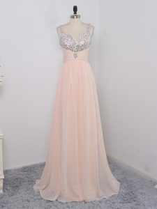 Peach Zipper Prom Dresses Sequins Sleeveless Floor Length