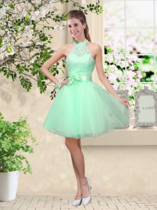 Hot Sale Apple Green A-line Tulle Halter Top Sleeveless Lace and Belt Knee Length Lace Up Quinceanera Court Dresses