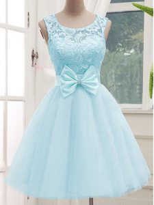 A-line Bridesmaid Dress Aqua Blue Scoop Tulle Sleeveless Knee Length Lace Up