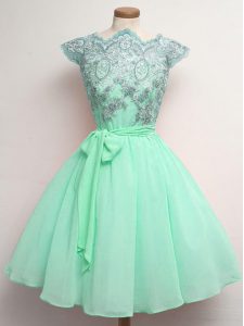 Cap Sleeves Knee Length Lace and Belt Lace Up Quinceanera Court of Honor Dress with Apple Green