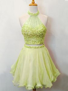 Suitable Knee Length Lace Up Quinceanera Dama Dress Yellow Green for Prom and Party and Wedding Party with Beading