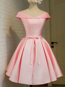Baby Pink Lace Up Off The Shoulder Belt Bridesmaid Dresses Taffeta 3 4 Length Sleeve