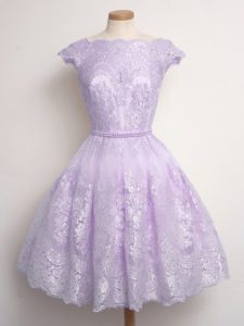 Lace Vestidos de Damas Lavender Lace Up Cap Sleeves Knee Length