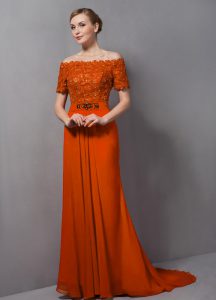 Great Orange Short Sleeves Chiffon Sweep Train Zipper Mother of Bride Dresses for Prom and Party