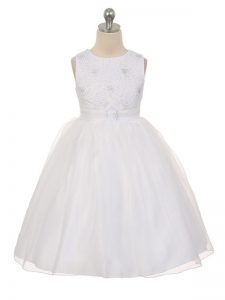 Glamorous Knee Length Lace Up Flower Girl Dress White for Wedding Party with Beading