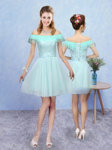Sumptuous Cap Sleeves Mini Length Lace Lace Up Dama Dress for Quinceanera with Aqua Blue