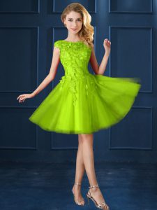 Yellow Green Lace Up Bateau Lace and Appliques Damas Dress Tulle Cap Sleeves