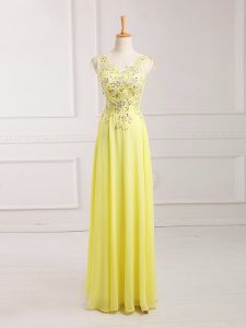 Fine Yellow Empire Lace and Appliques Prom Party Dress Zipper Chiffon Sleeveless