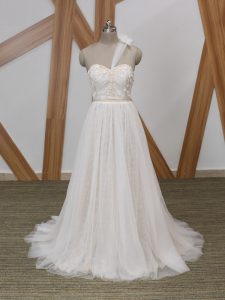 High Class White One Shoulder Neckline Lace and Appliques Wedding Gown Sleeveless Zipper