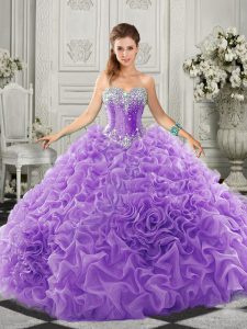 Beautiful Lavender Sleeveless Court Train Beading and Ruffles Sweet 16 Quinceanera Dress