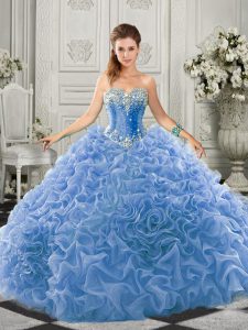 Ideal Sleeveless Organza Court Train Lace Up Quince Ball Gowns in Light Blue with Beading and Ruffles