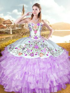 Dramatic Lilac Quinceanera Gowns Military Ball and Sweet 16 and Quinceanera with Embroidery and Ruffled Layers Sweetheart Sleeveless Lace Up