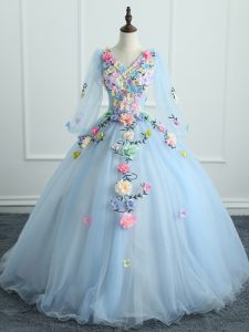 Charming Light Blue Long Sleeves Tulle Lace Up Vestidos de Quinceanera for Military Ball and Sweet 16 and Quinceanera