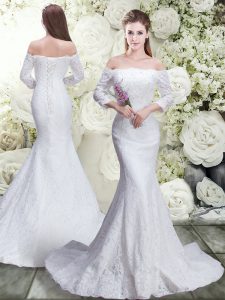 Lace 3 4 Length Sleeve Wedding Dress Brush Train and Lace
