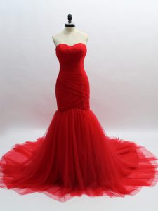 Vintage Red Evening Party Dresses Prom and Sweet 16 with Ruching Sweetheart Sleeveless Brush Train Lace Up