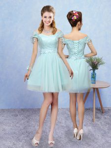 Tulle V-neck Short Sleeves Lace Up Lace Bridesmaid Dress in Aqua Blue