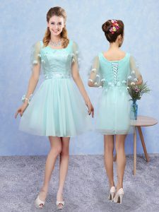 Best Selling Sleeveless Mini Length Appliques Lace Up Damas Dress with Aqua Blue