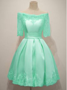 Flare Turquoise A-line Lace Dama Dress Lace Up Taffeta Half Sleeves Knee Length