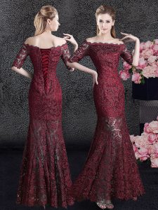 Pretty Mermaid Off the Shoulder Half Sleeves Lace Floor Length Lace Up Mother of Groom Dress in Wine Red with Lace