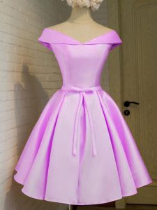 Lilac A-line Taffeta Off The Shoulder Cap Sleeves Belt Knee Length Lace Up Vestidos de Damas