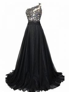 Gorgeous Black Evening Dresses Prom and Party with Beading and Lace One Shoulder Sleeveless Brush Train Side Zipper
