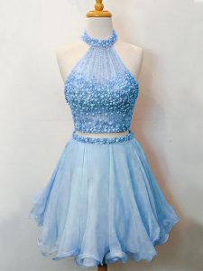 Blue Organza Lace Up Bridesmaid Dresses Sleeveless Knee Length Beading