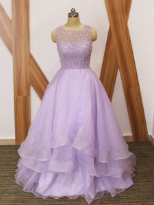 Unique Lavender Zipper Scoop Beading and Ruffles Dress for Prom Organza Sleeveless Brush Train