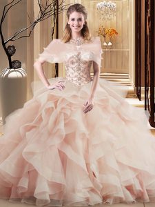 Scoop Sleeveless Quinceanera Gown Brush Train Beading and Ruffles Peach Tulle