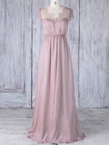 Sumptuous Empire Bridesmaids Dress Pink Scalloped Chiffon Short Sleeves Floor Length Clasp Handle