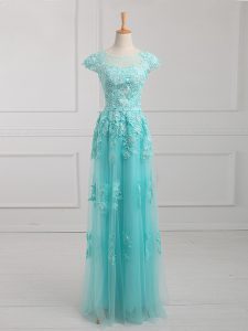 Aqua Blue Short Sleeves Beading and Lace and Appliques Floor Length Mother of Bride Dresses